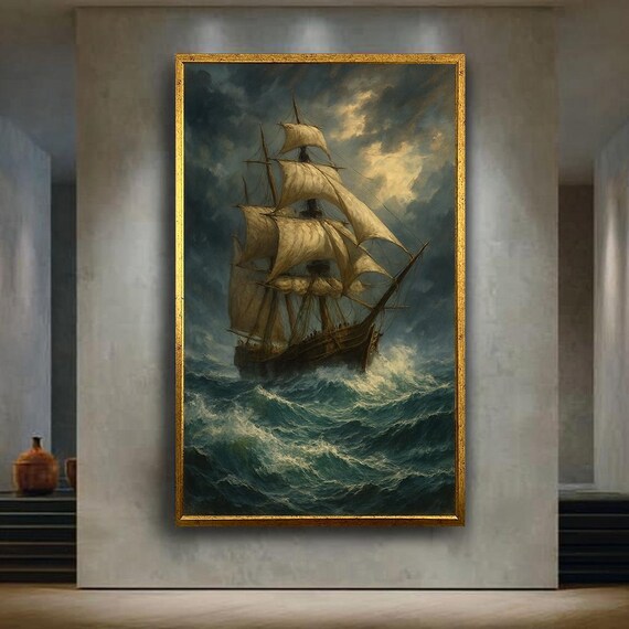 Vintage Tall Ship Stormy Sea Classic Oil Painting Nautical Poster