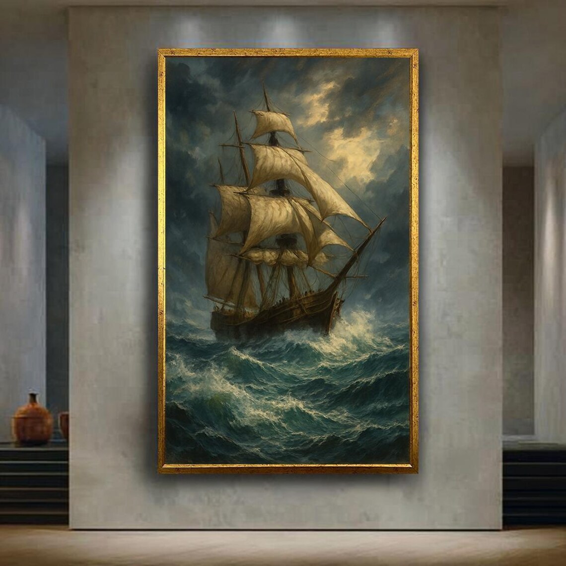Vintage Tall Ship Stormy Sea Classic Oil Painting Nautical Poster