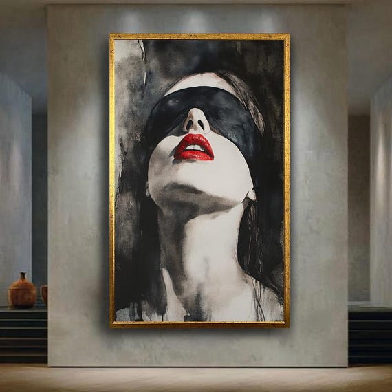 Sensual Woman Wall Art Blindfolded Red Lips Watercolor Painting Bold Feminine Modern Minimalist Portrait Print