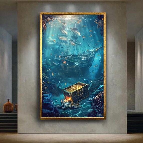 Sunken Pirate Ship And Treasure Chest Underwater Scene Poster