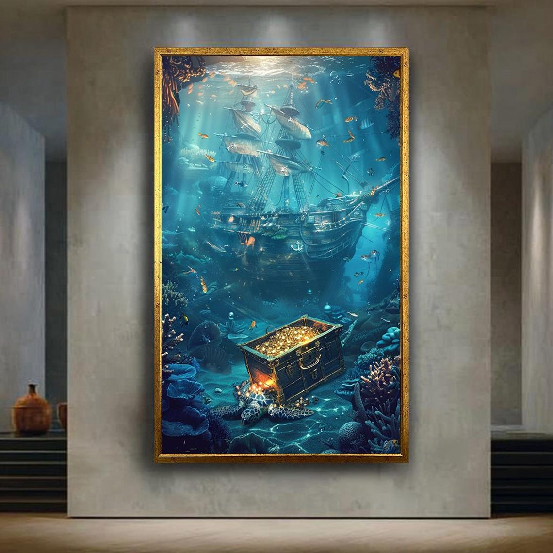 Sunken Pirate Ship And Treasure Chest Underwater Scene Poster