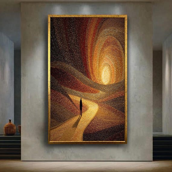 Golden Spiral Path Silhouette Figure Warm Sunset Tones Textured Swirling Painting Abstract Modern Wall Art Canvas Home Decor