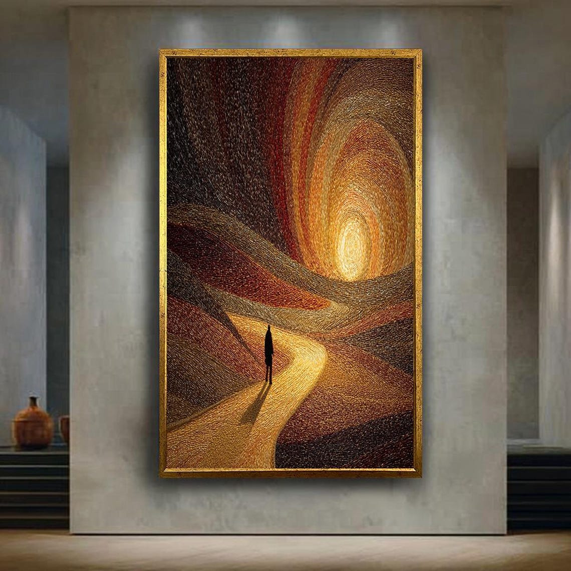 Sunset Spiral Golden Path Silhouette Warm Pointillism Abstract Poster