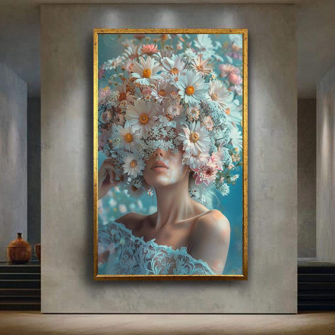 Woman with Daisy Flower Crown Bloom Surreal Botanical Portrait Poster