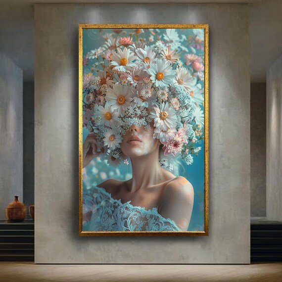 Daisy Floral Woman Portrait Canvas Wall Art Botanical Flower Crown Artwork For Home Decor Romantic Bohemian Gift Lovers