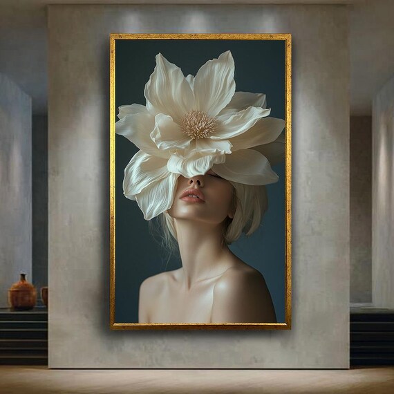 Elegant Woman Giant White Flower Surreal Floral Fashion Portrait Poster