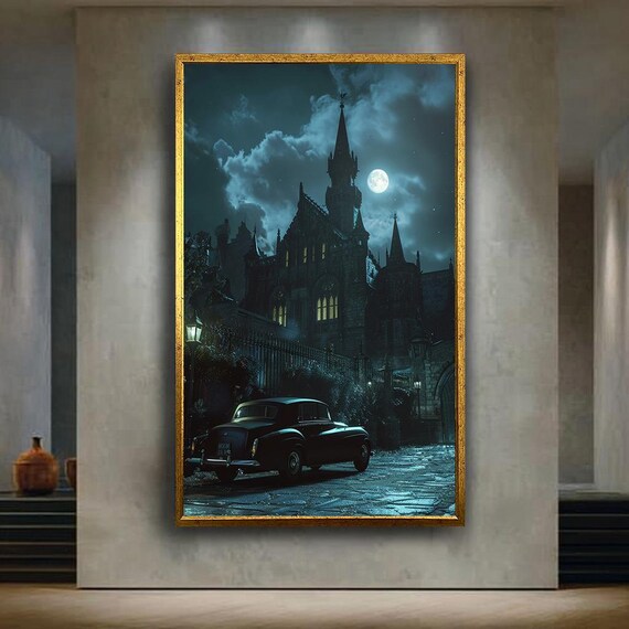 Gothic Castle Night Scene Canvas Wall Art Dark Fantasy Artwork With Full Moon And Vintage Car Spooky Haunted Mansion Decor Print