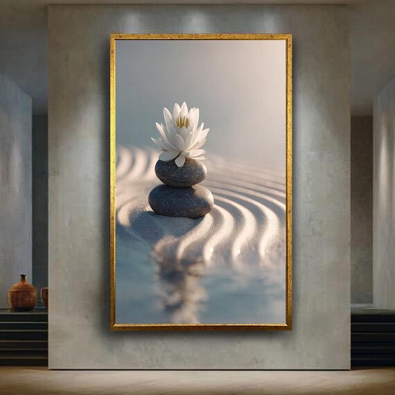 Zen White Flower Wall Art Print Minimalist Sand Garden With Stones Canvas Spa Meditation Poster Peaceful Home Decor
