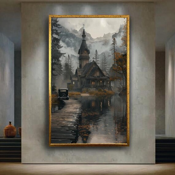 Misty Lakeside Church Canvas Wall Art With Vintage Car And Autumn Forest Moody Gothic Nature Scene For Rustic Or Elegant Home Decor