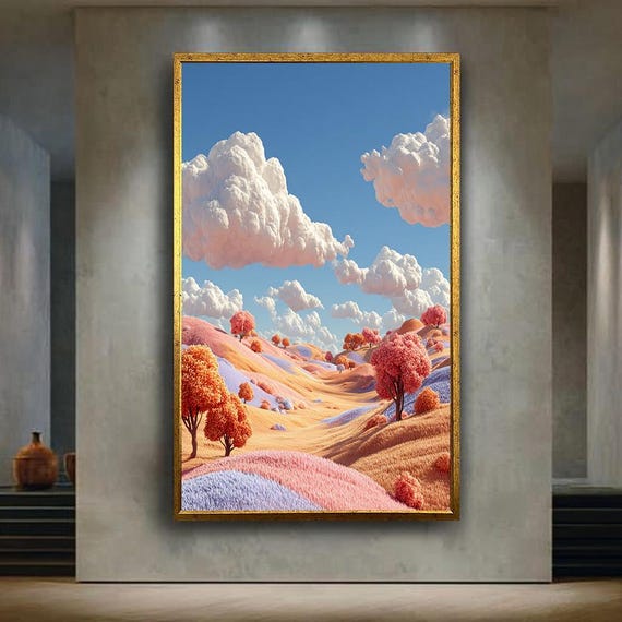 Pastel Fantasy Landscape Wall Art Print Dreamy Nature Illustration With Soft Clouds And Candy Trees Whimsical Room Decor