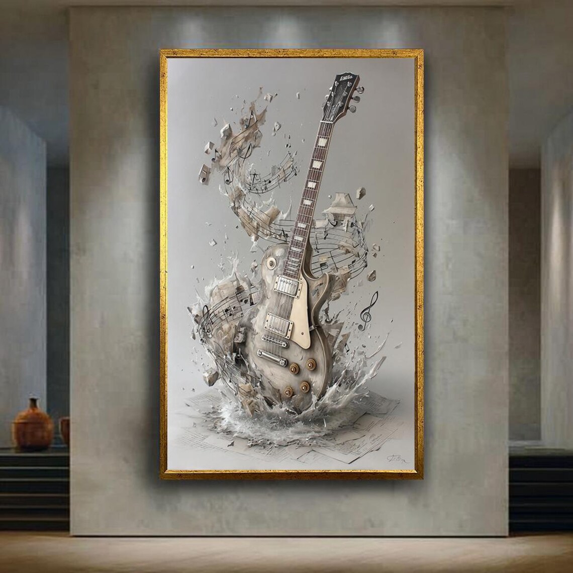 Exploding Guitar Music Notes Art Print, Rock Decor