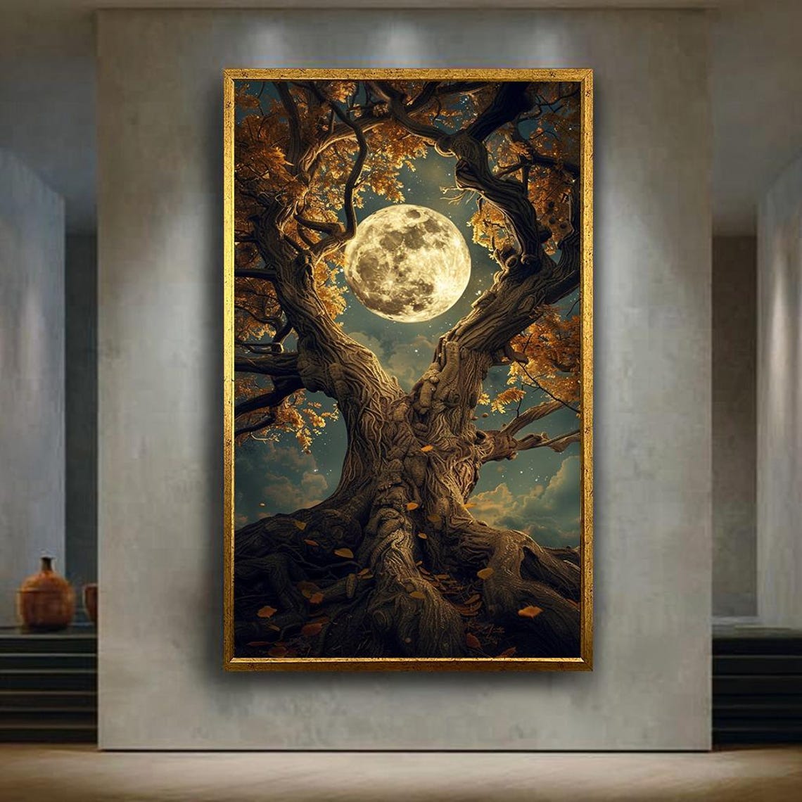 Enchanted Golden Twisted Tree Beneath Huge Full Moon Night Print