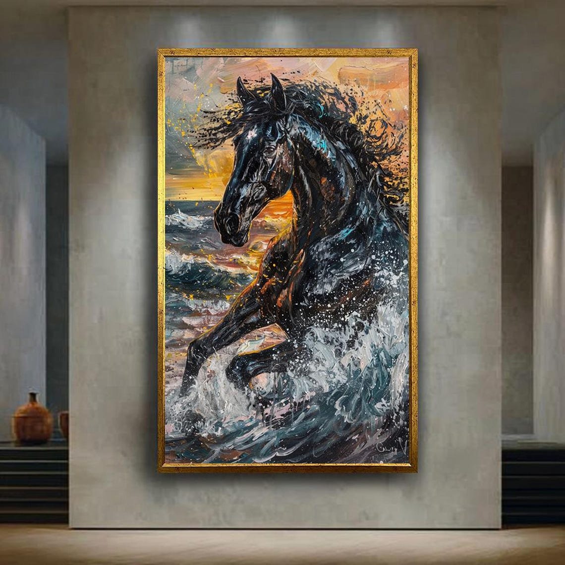 Dramatic Black Horse Running Through Ocean Waves Sunset Wall Art