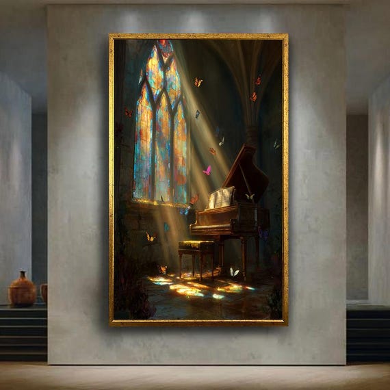 Magical Piano Canvas Wall Art Fantasy Sunlit Cathedral Scene With Butterflies Enchanted Music Print For Dreamy Home Decor