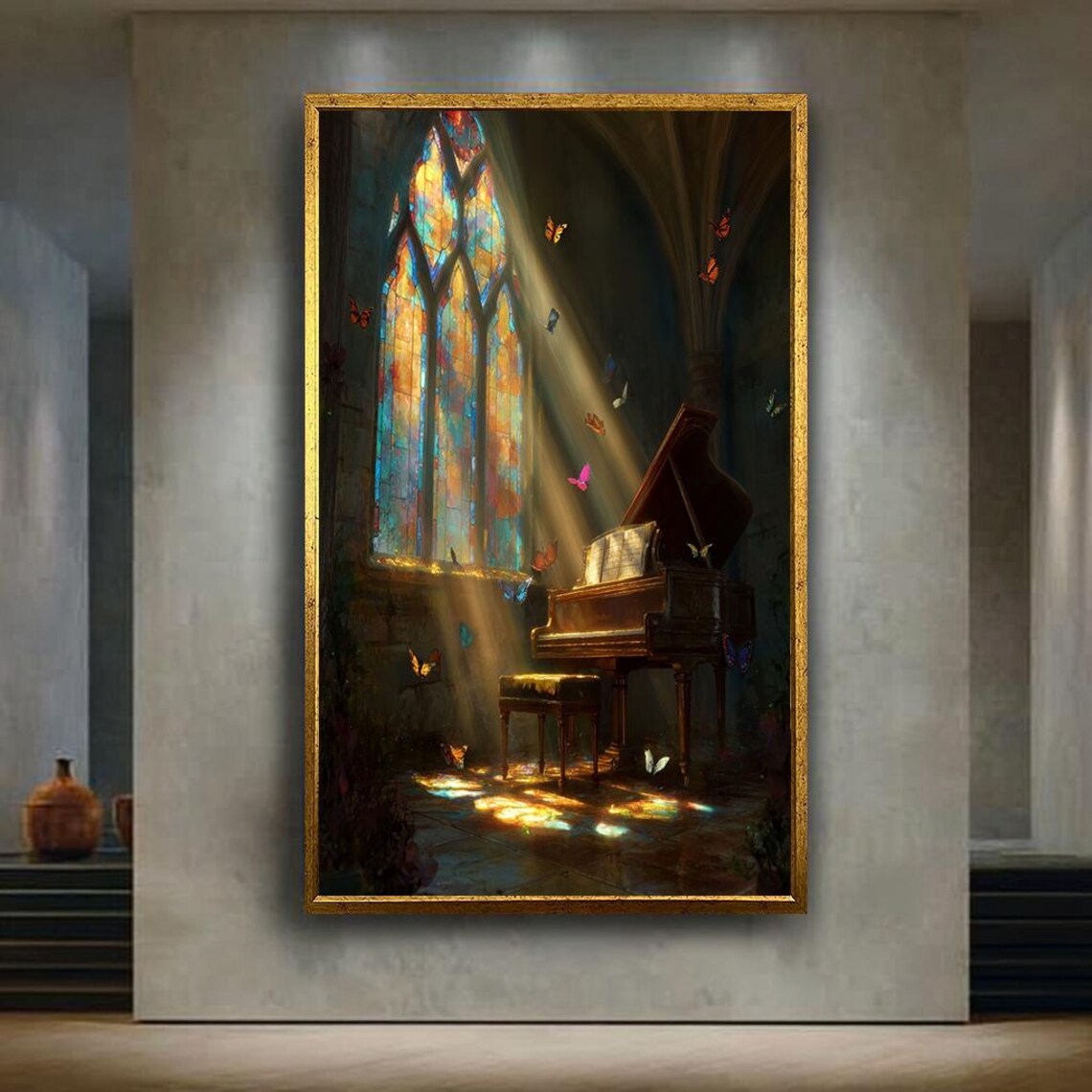 Grand Piano In Sunlit Cathedral Stained Glass Butterflies Poster