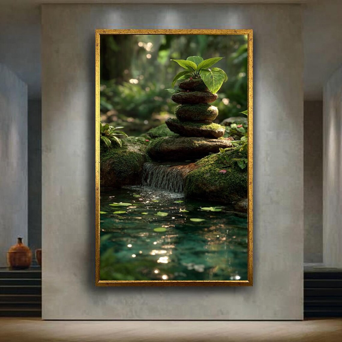 Zen Stone Cairn Over Lily Pad Pond in Lush Green Garden Poster