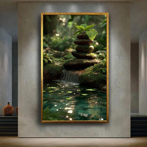 Zen Garden Canvas Wall Art With Stacked Mossy Stones Tropical Leaves And Waterfall Tranquil Forest Print For Spa Or Yoga Decor