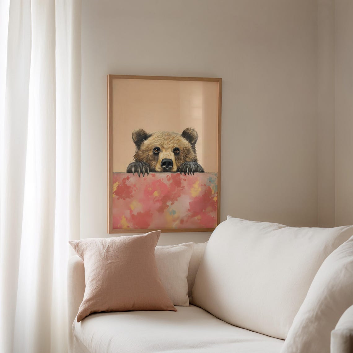 Cute Bear Cub Peeking Over a Coral Pink Watercolor Wash Nursery Print - Image 3