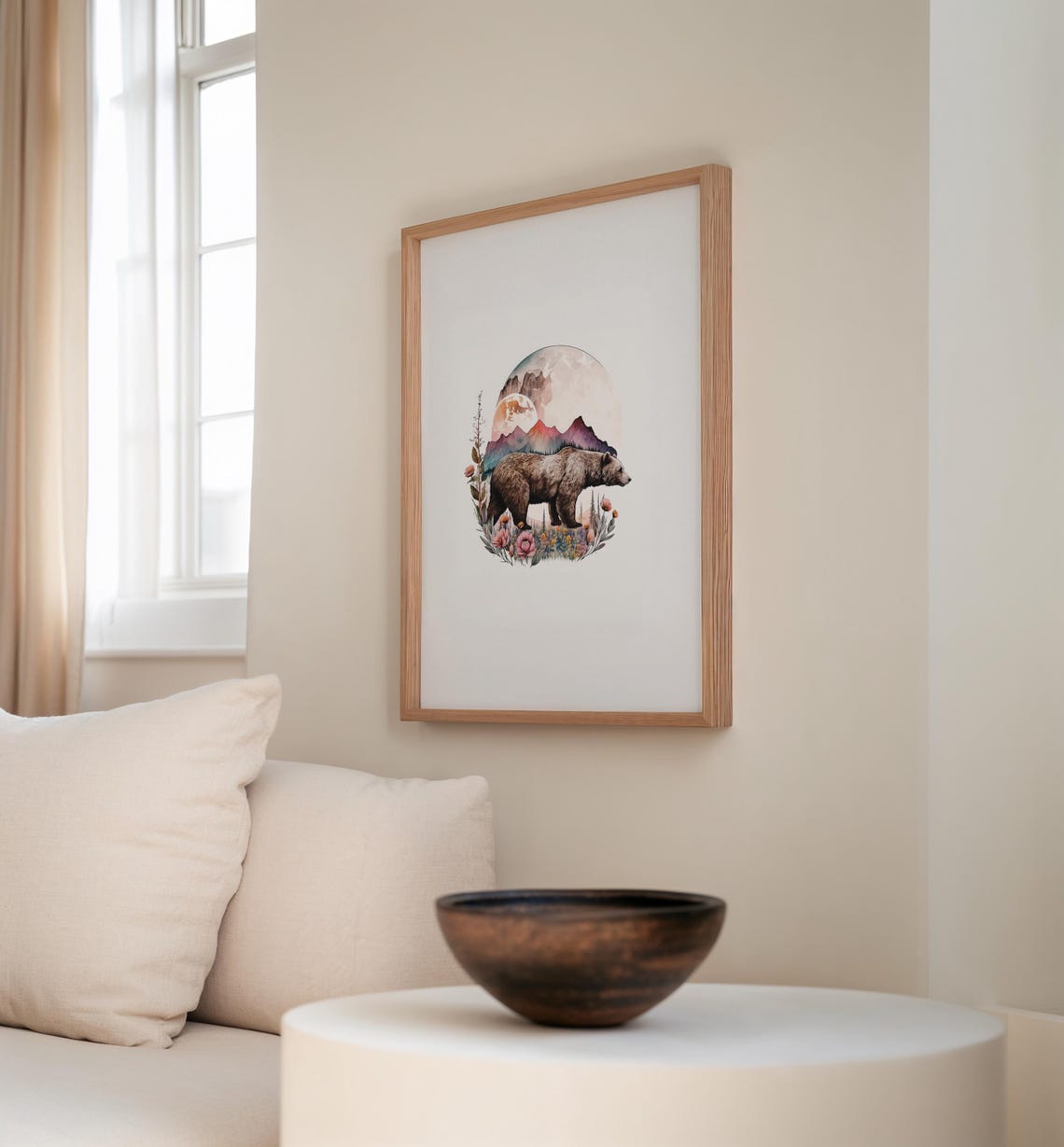 Brown Bear Walking Beneath Mountains in a Round Botanical Scene Print - Image 2