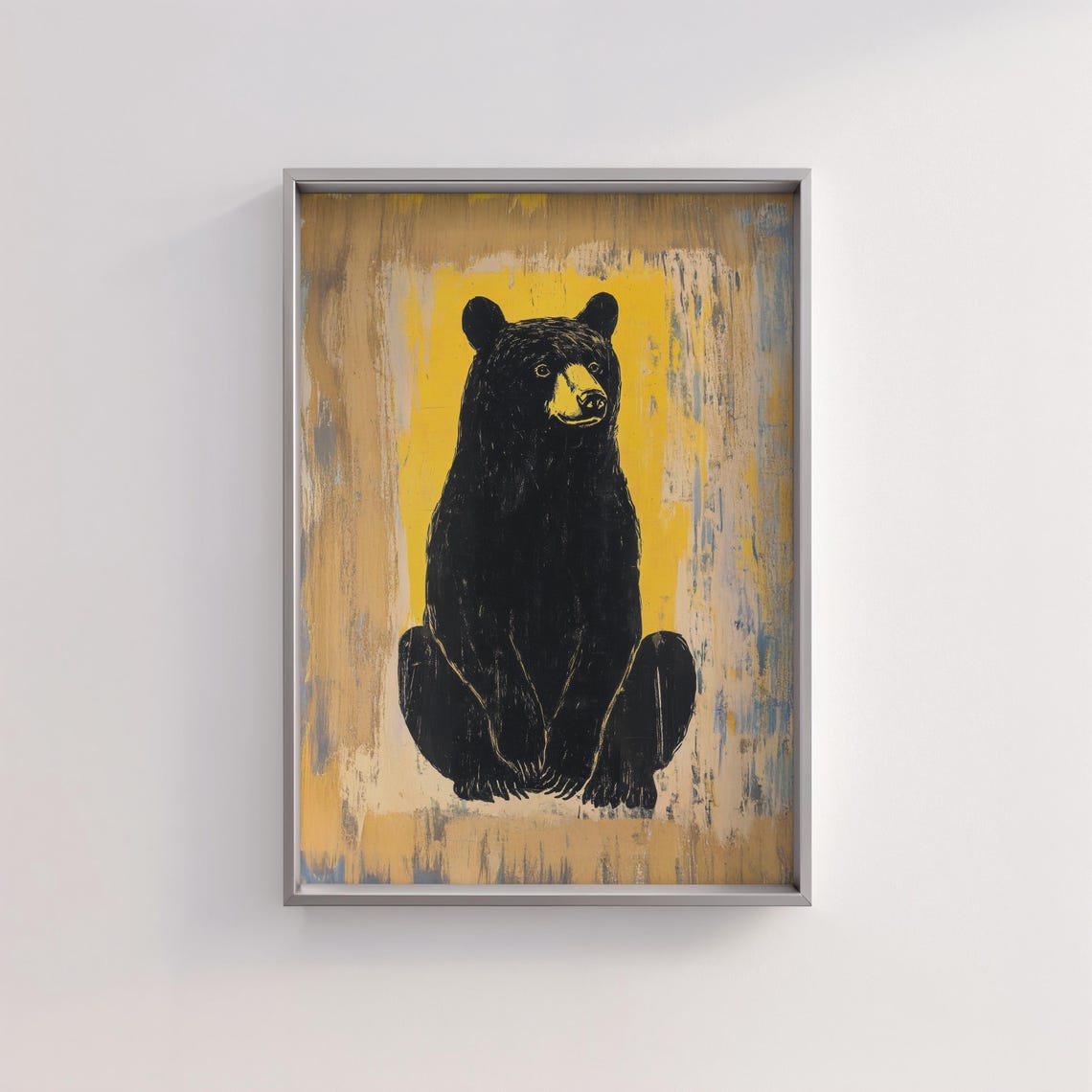 Seated Black Bear Ink Illustration on a Mustard Yellow Texture Poster - Image 2