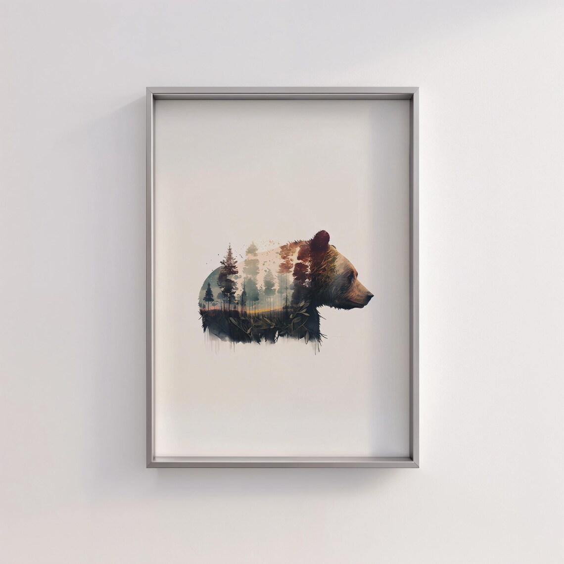 Bear Head in Profile With Forest Double Exposure Earthy Toned Art Print - Image 2