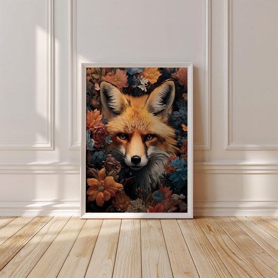 Close Up Fox Face Surrounded by a Dense Colorful Floral Wreath Poster