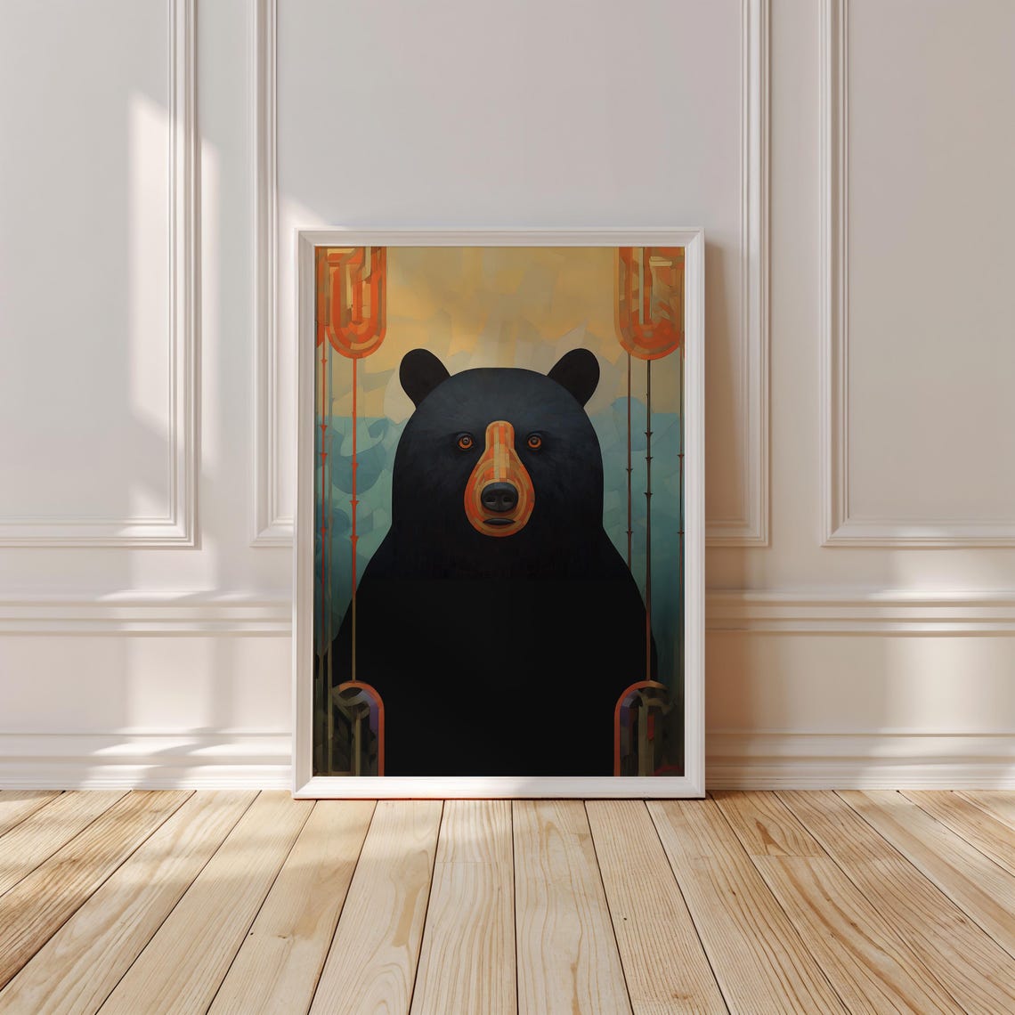 Bold Black Bear Portrait With Art Deco Lantern Motifs Modern Art Print