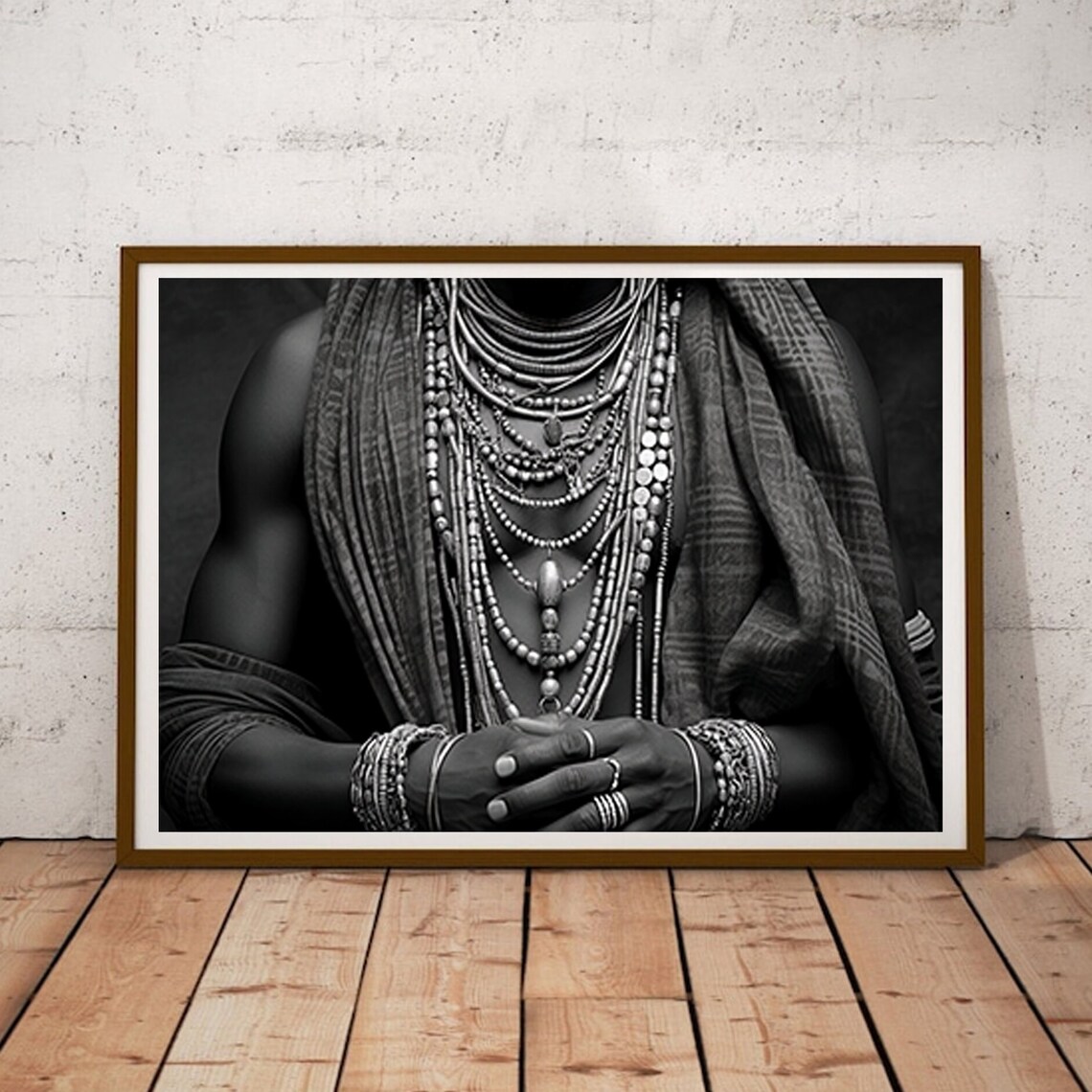 African Tribal Jewelry Portrait, Black and White Art Print