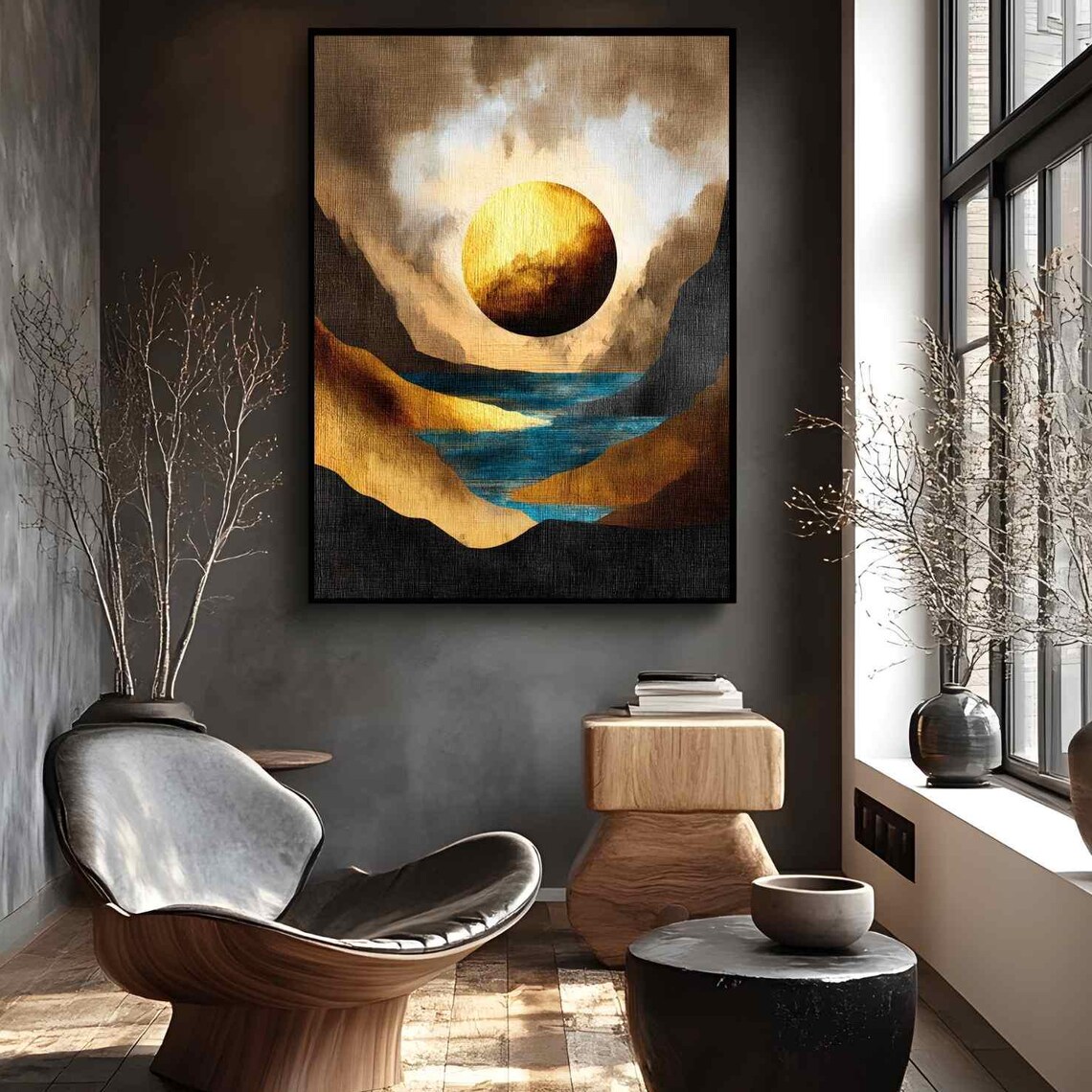 Golden Sun Modern Abstract Landscape Dark Peaks Blue Water Art Poster