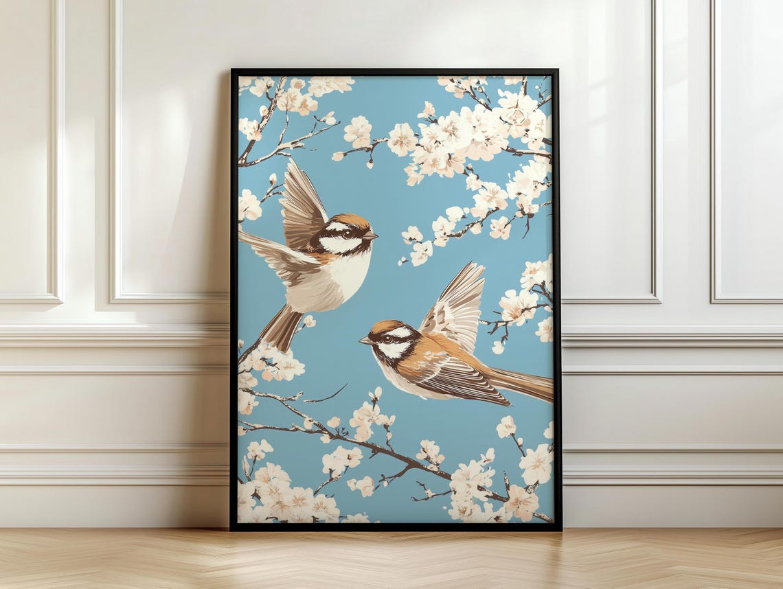 Two Birds In Flight White Cherry Blossoms Pale Blue Sky Poster - Image 7