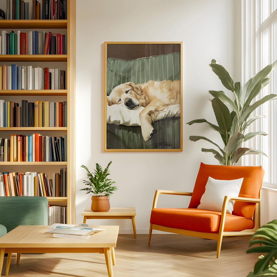 Golden Retriever Asleep on Green Striped Couch Paw Hanging Dog Poster - Image 2