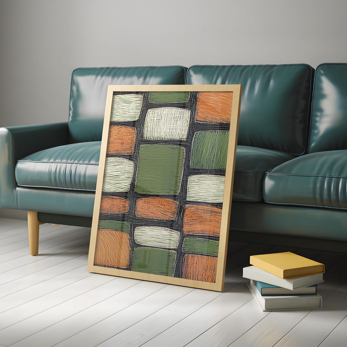 Retro Geometric Grid Sage Green Cream Rust 1970s Style Poster - Image 4