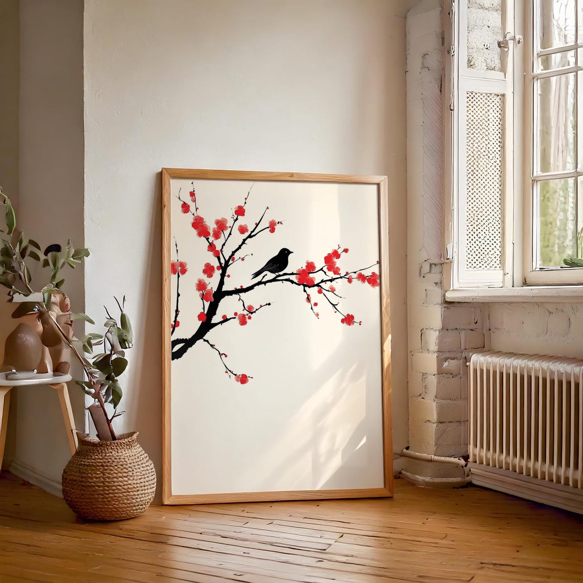 Lone Black Bird Ink Painting Resting On Red Blossom Branch Poster - Image 7
