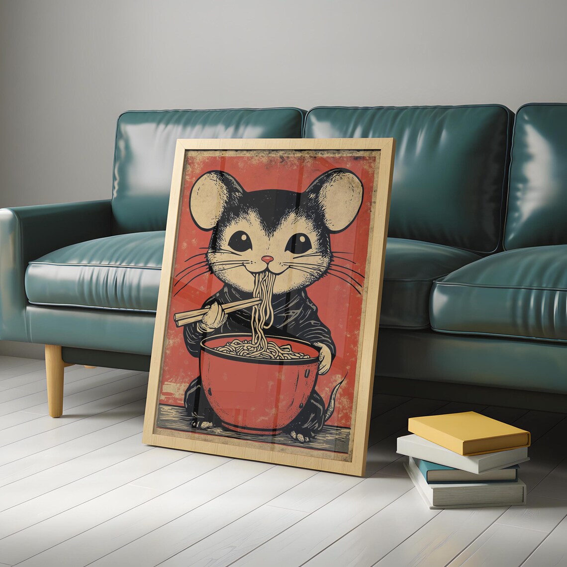 Mouse Eating Ramen Noodles, Japandi Minimalist Art Print - Image 4