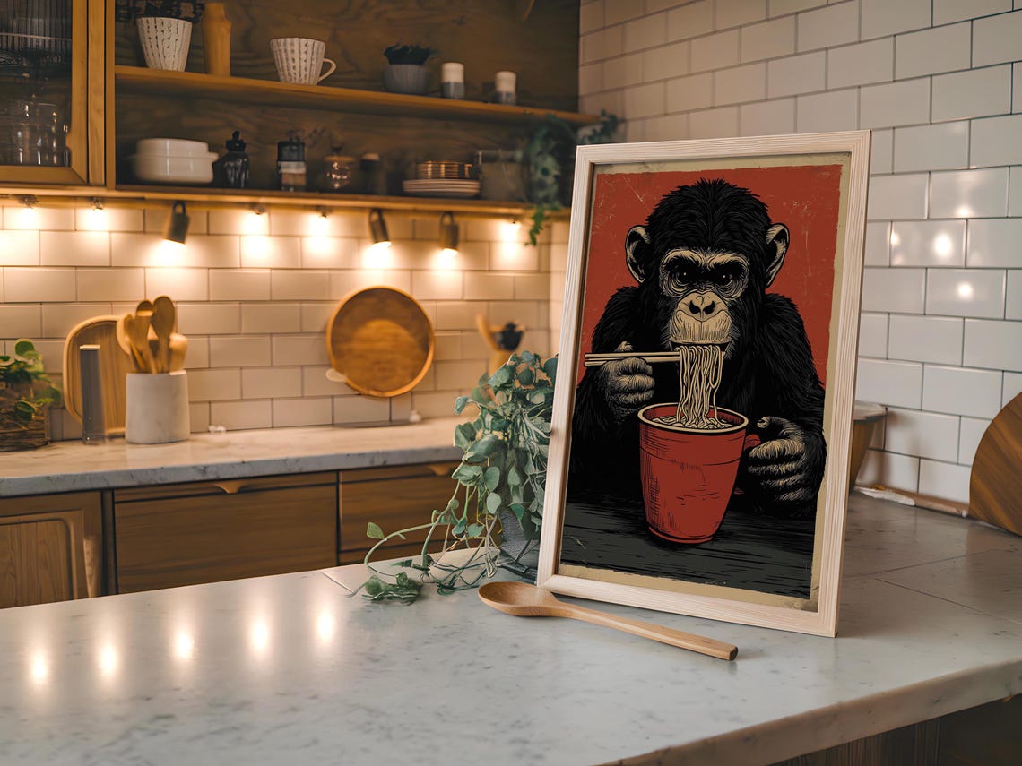 Funny Monkey Eating Ramen Noodles Vintage Red Background Poster - Image 7