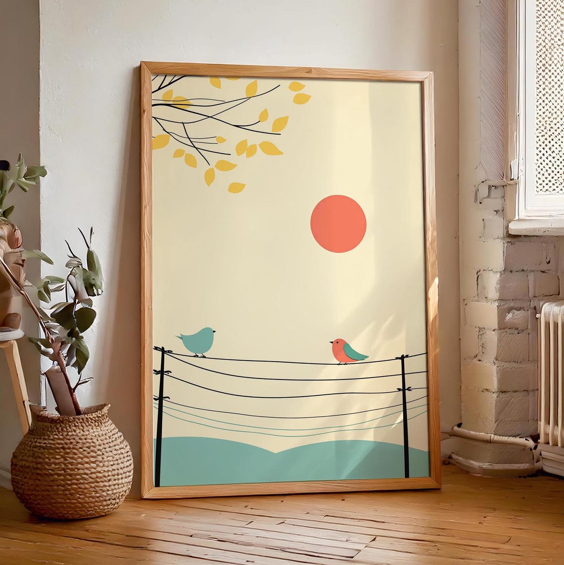 Two Songbirds On Telephone Wires At Sunset Minimal Art Poster