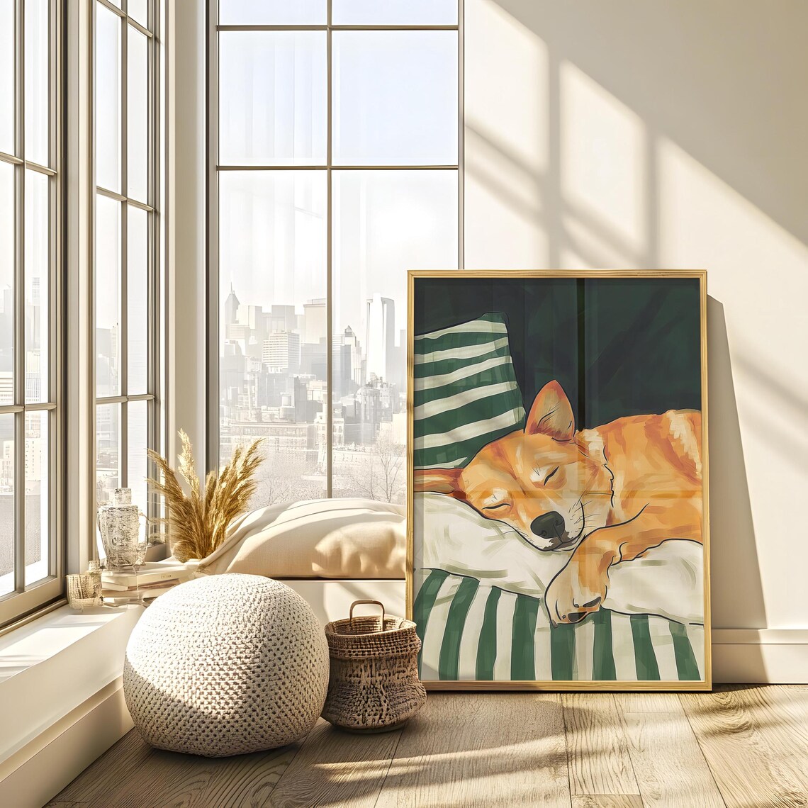 Sleeping Shiba Inu Puppy on Green Striped Pillow Cute Dog Poster - Image 2