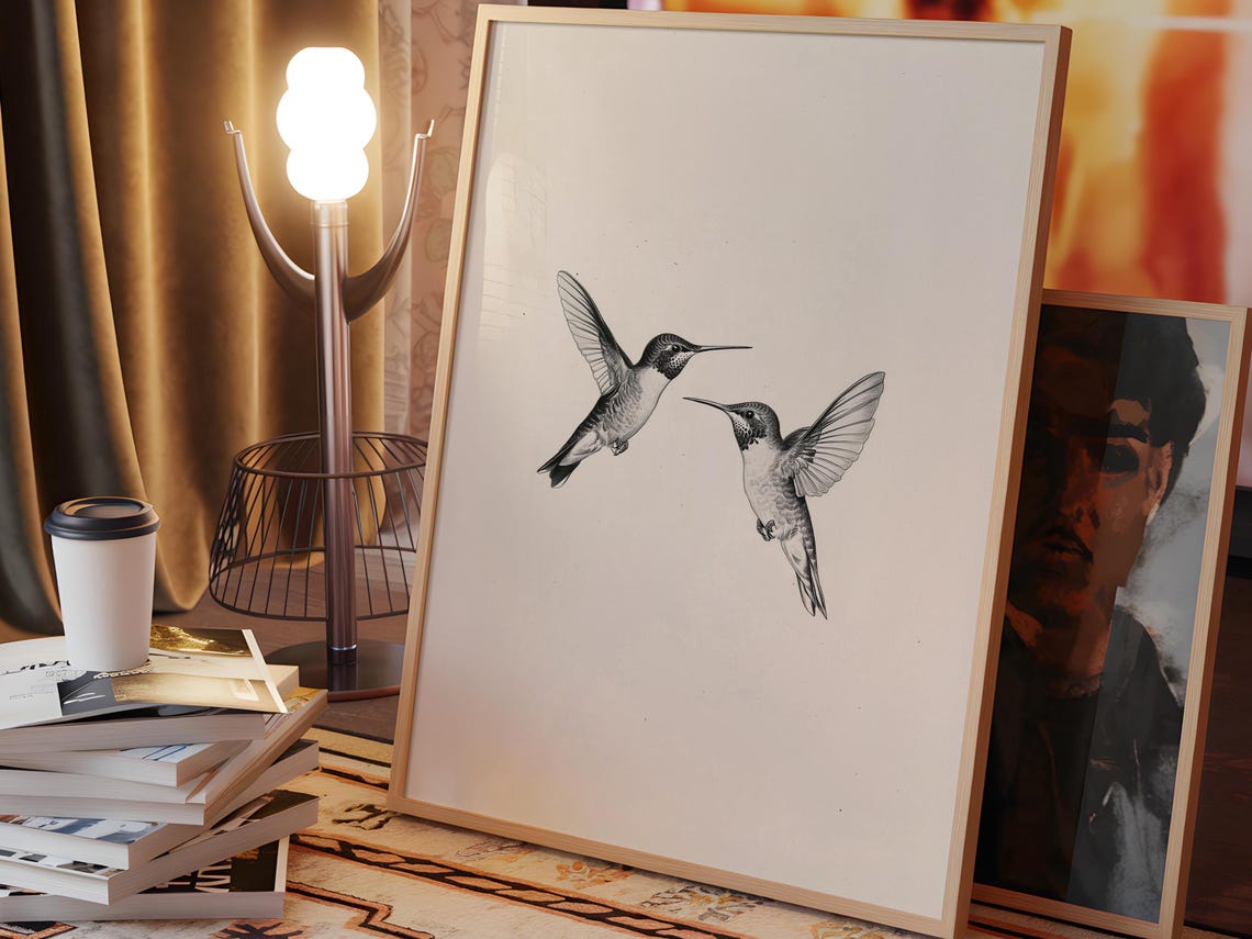 Pair of Hummingbirds in Flight Monochrome Line Drawing Art Poster - Image 2
