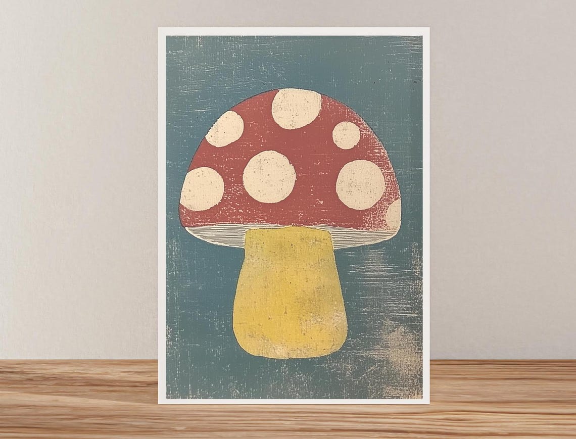 Woodblock Red Spotted Mushroom on Slate Blue Vintage Art Poster