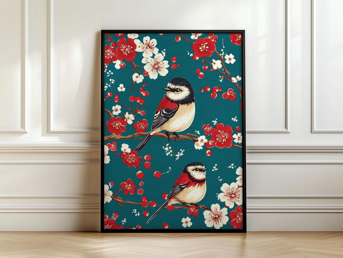 Two Red Winged Birds Among Blossoms Teal Chinoiserie Art Poster - Image 7