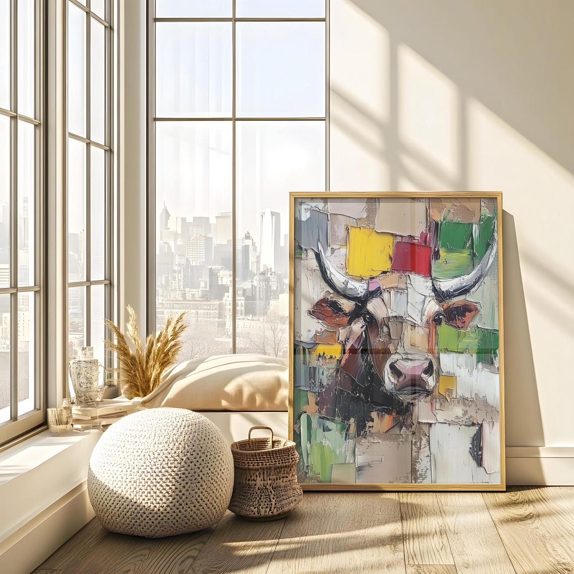 Abstract Impasto Longhorn Steer in Grays and Bold Reds Poster - Image 2
