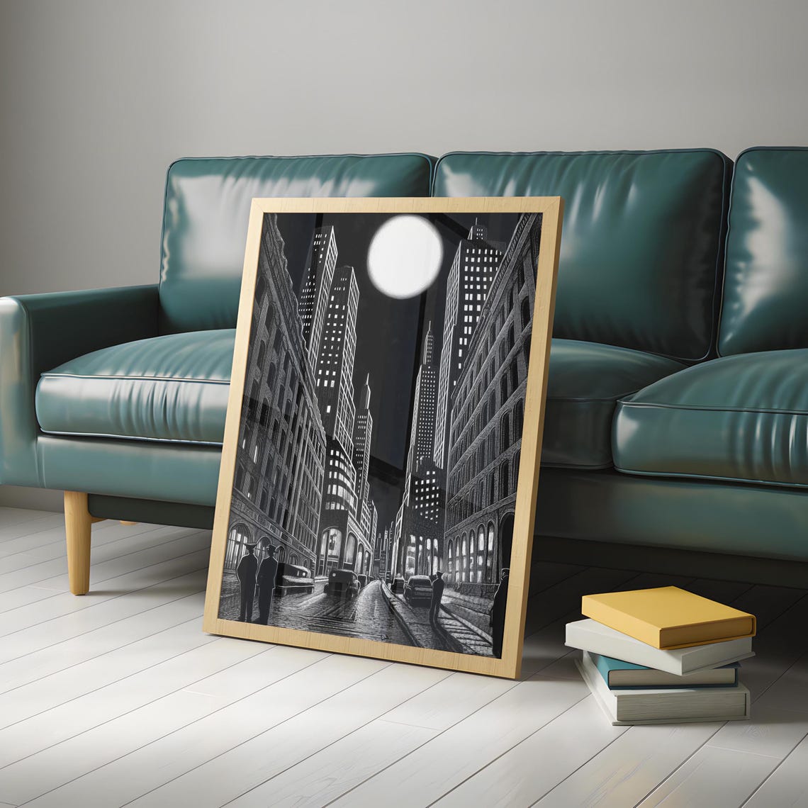 Gothic City Street Under a Giant Full Moon Ink Drawing Poster - Image 5