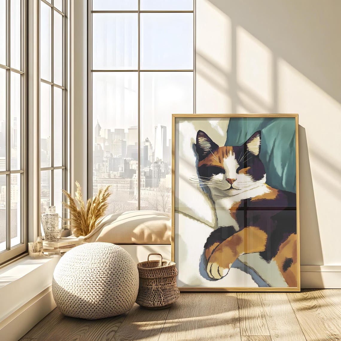 Sleeping Calico Cat Portrait Teal Background Soft Painterly Poster - Image 2