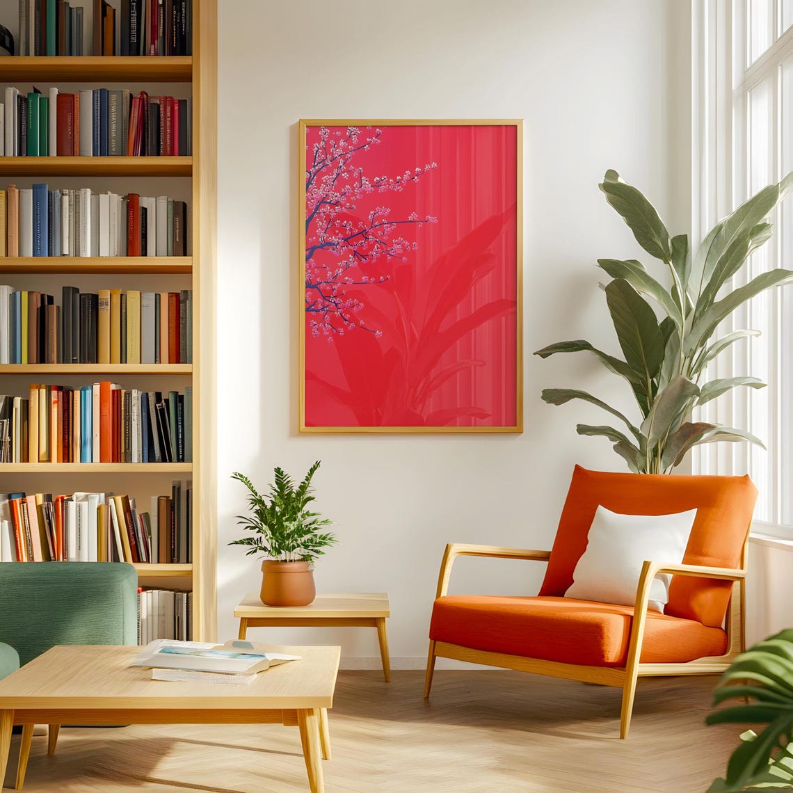 Pink Cherry Blossom Branch On Bold Red Minimalist Art Poster - Image 4