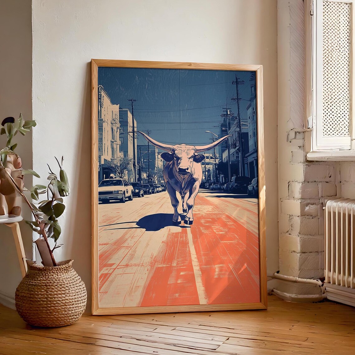 Texas Longhorn Cow Walking Down A Busy City Street Art Poster
