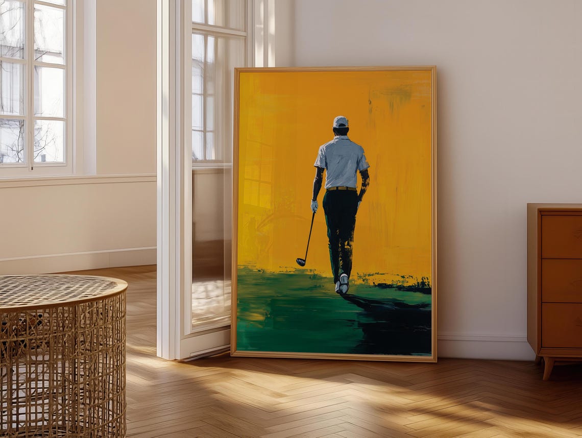 Golfer Walking Away Across Fairway Under Golden Yellow Sky Poster - Image 6