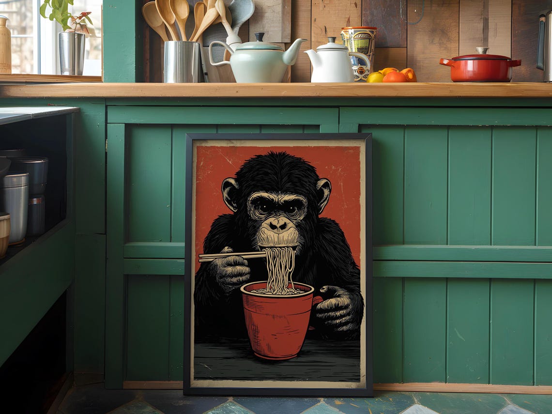 Funny Monkey Eating Ramen Noodles Vintage Red Background Poster - Image 5