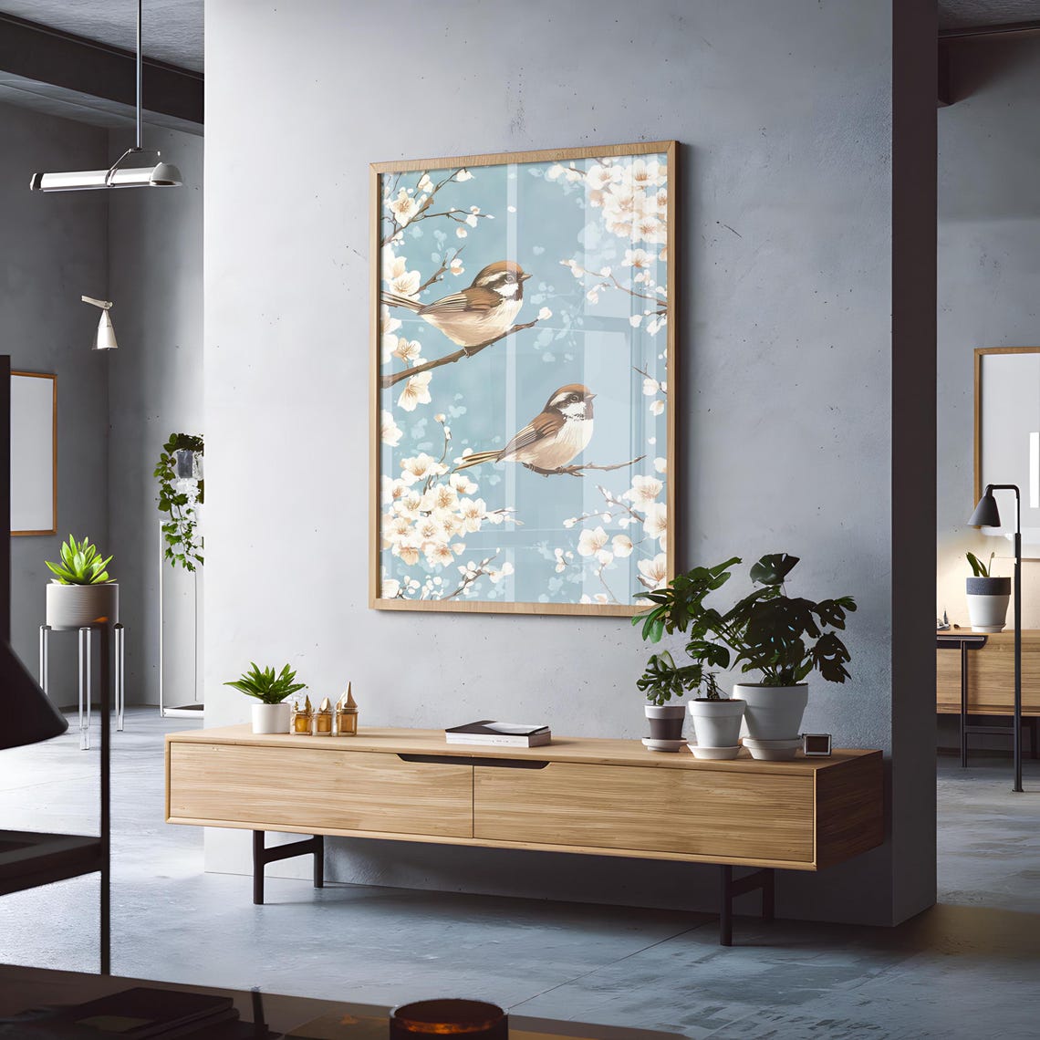 Two Brown Songbirds Perched White Blossoms Light Blue Poster - Image 3