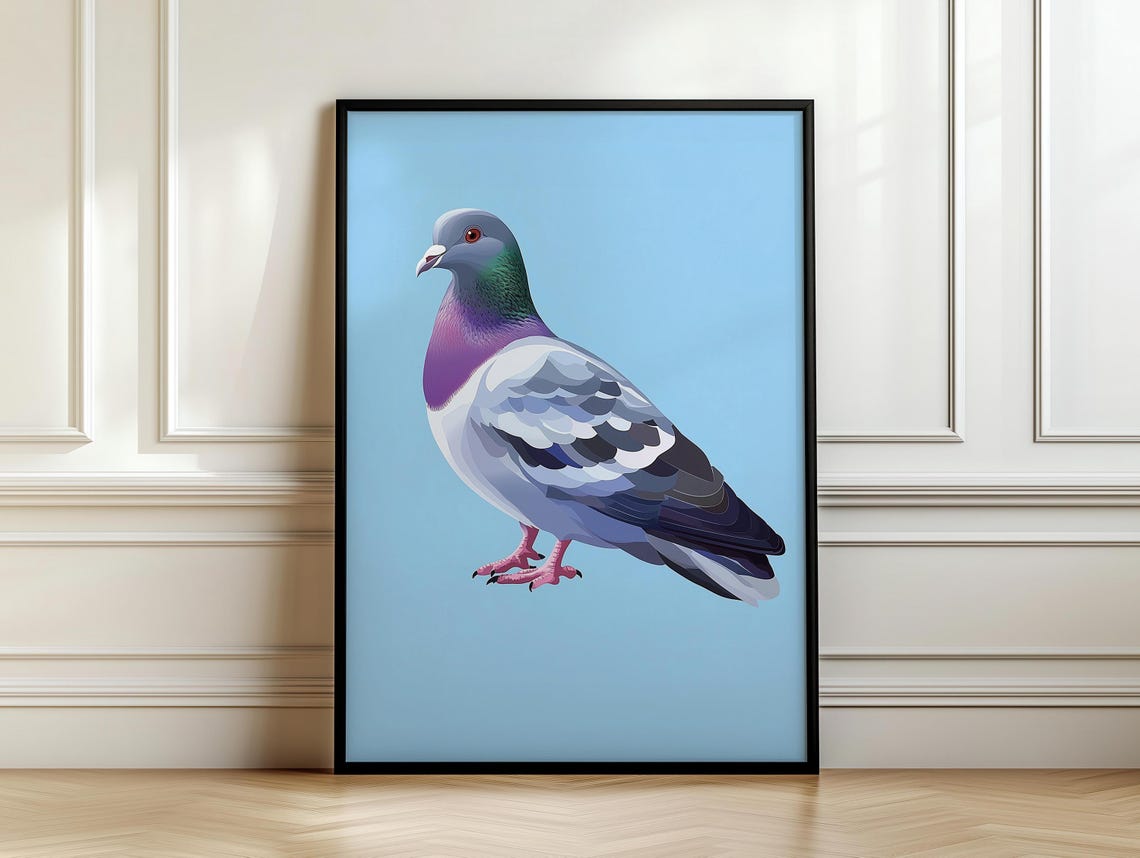 Playful Pop Art Pigeon Illustration on a Bright Baby Blue Poster - Image 7