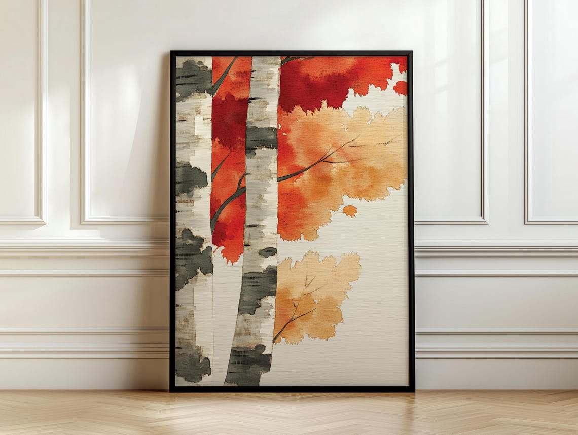 Watercolor Birch Trunks Red Gold Wash Abstract Forest Poster - Image 7